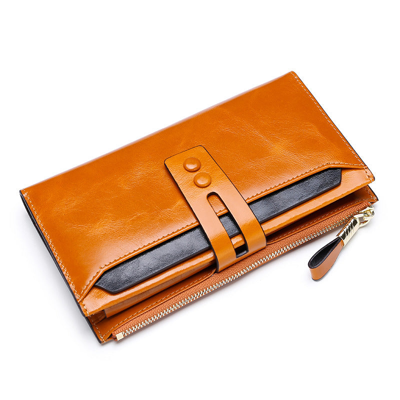 Women’s Oil Wax Leather Long Wallet – Multi Card Buckle | Retro European & American Style