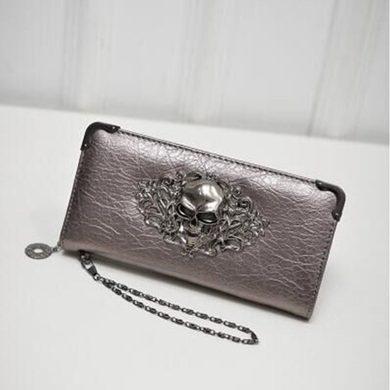 SHEFLYTO PU Leather Women’s Long Wallet – Skull & Flower Design