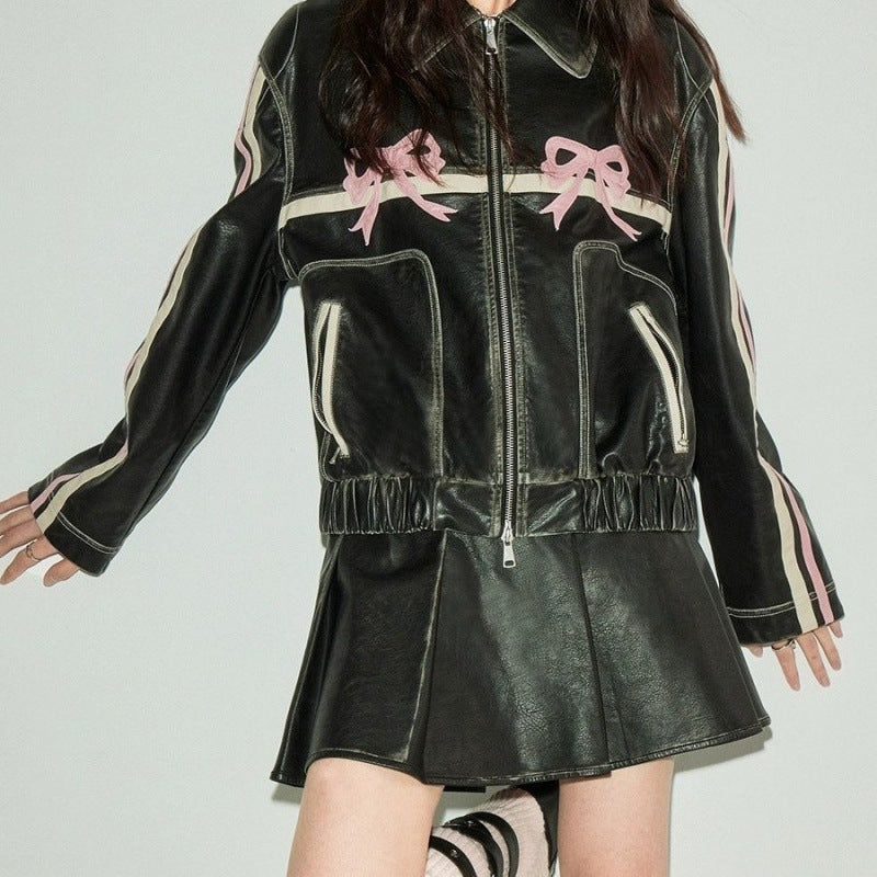 Women’s Bow Biker Leather Jacket – Chic, Edgy & Feminine
