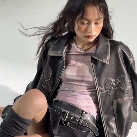 Women’s Bow Biker Leather Jacket – Chic, Edgy & Feminine