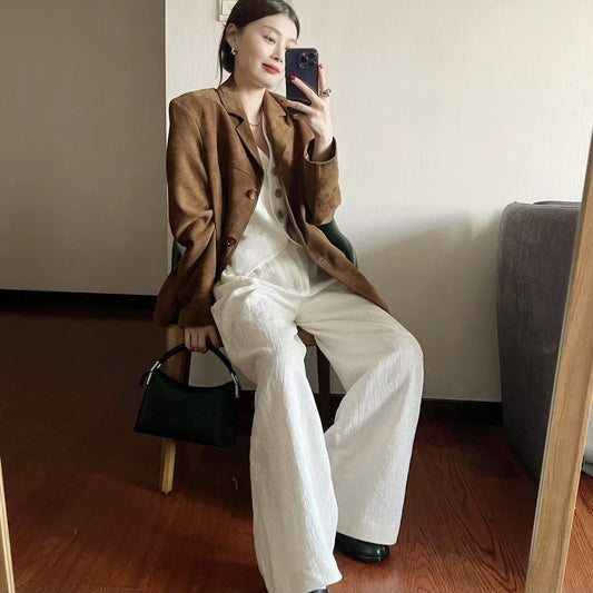 Women’s Retro Brown Leather Suit Jacket – Elegant, Timeless & Sophisticated