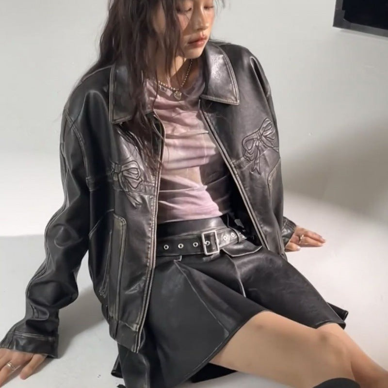 Women’s Bow Biker Leather Jacket – Chic, Edgy & Feminine