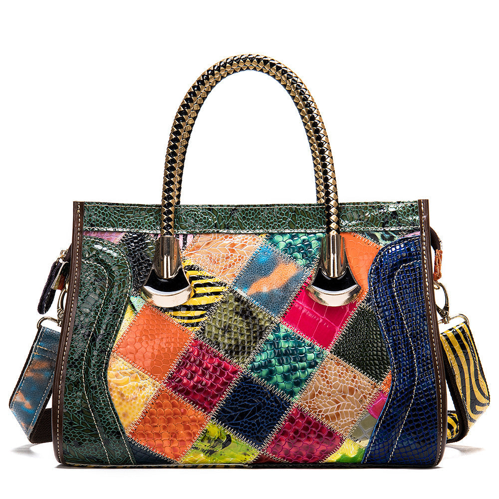 Contrast Leather Cowhide & Patent Leather Bag – Fashion Retro Handbag