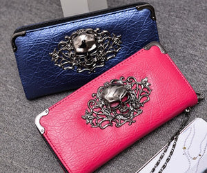 Wallet Female Clutch Coin Purse Women PU Leather Wallet Long Zipper Closed Wallets Skull Flower Design Lady Purses