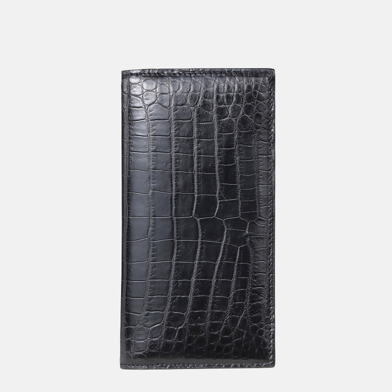 Men’s Crocodile Leather Long Wallet – 2-Fold Leisure Style (Black)