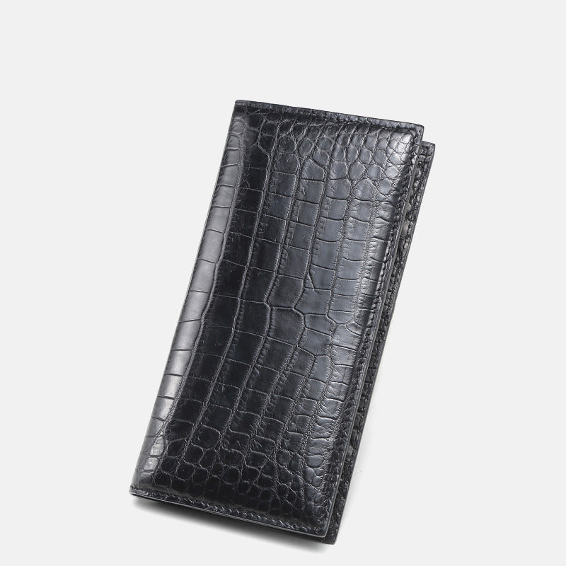 Men’s Crocodile Leather Long Wallet – 2-Fold Leisure Style (Black)