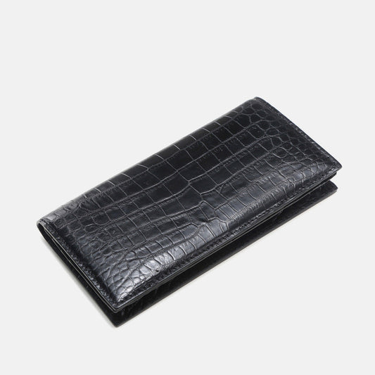 Men’s Crocodile Leather Long Wallet – 2-Fold Leisure Style (Black)