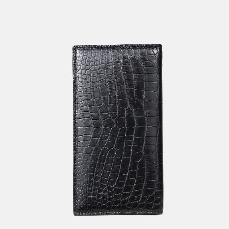 Men’s Crocodile Leather Long Wallet – 2-Fold Leisure Style (Black)