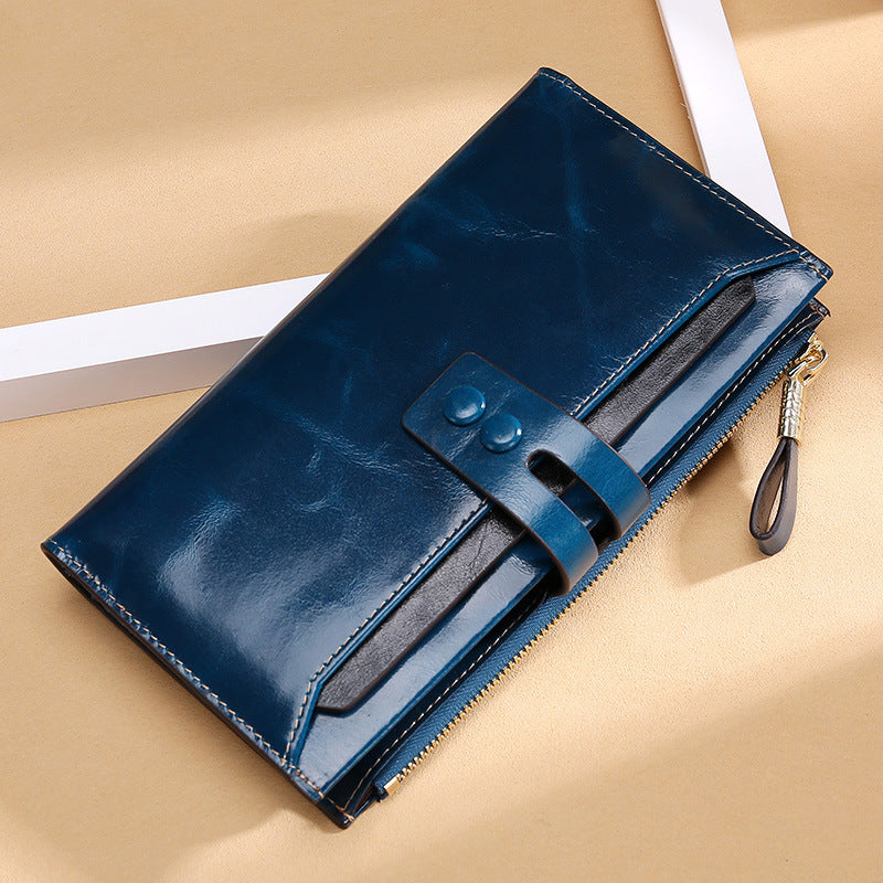 Women’s Oil Wax Leather Long Wallet – Multi Card Buckle | Retro European & American Style