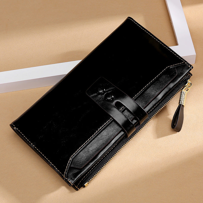 Women’s Oil Wax Leather Long Wallet – Multi Card Buckle | Retro European & American Style