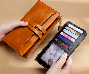 Manufacturers Wholesale Women'S Wallets Multi Card Buckle Long Oil Wax Leather Wallets European And American Retro Leather Handbags