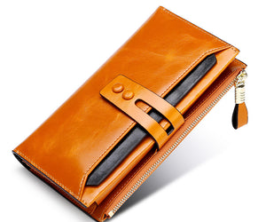 Manufacturers Wholesale Women'S Wallets Multi Card Buckle Long Oil Wax Leather Wallets European And American Retro Leather Handbags