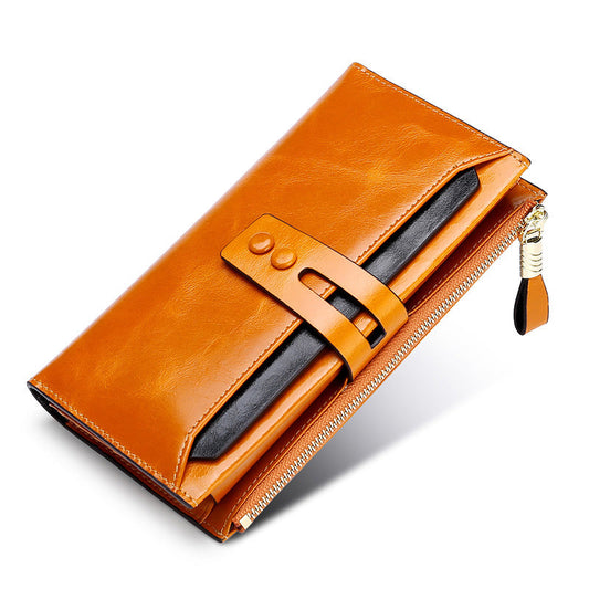 Women’s Oil Wax Leather Long Wallet – Multi Card Buckle | Retro European & American Style