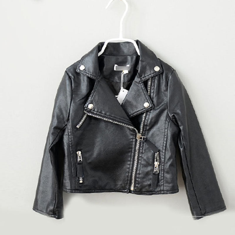 Love Printed PU Leather Girls’ Lapel Short Jacke