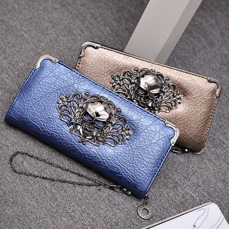 SHEFLYTO PU Leather Women’s Long Wallet – Skull & Flower Design