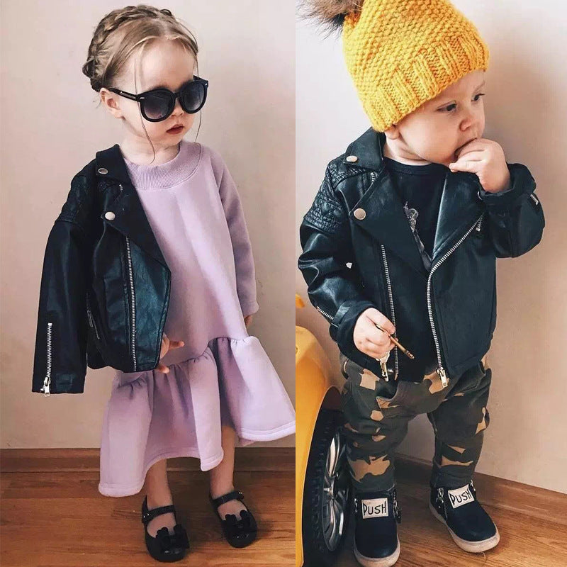 Children's leather jacket girls lapel pu leather jacket
