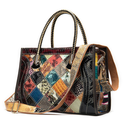 Contrast Leather Cowhide & Patent Leather Bag – Fashion Retro Handbag