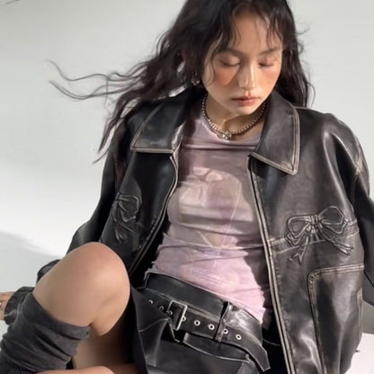 Women’s Bow Biker Leather Jacket – Chic, Edgy & Feminine
