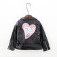 Love Printed PU Leather Girls’ Lapel Short Jacke