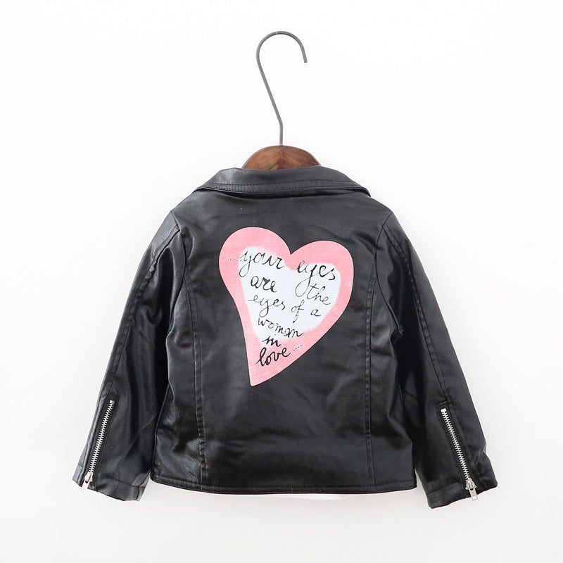 Love Printed PU Leather Girls’ Lapel Short Jacke