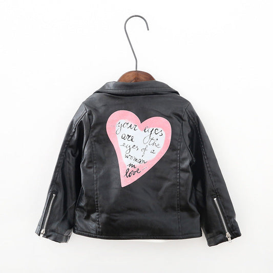 Love Printed PU Leather Girls’ Lapel Short Jacke