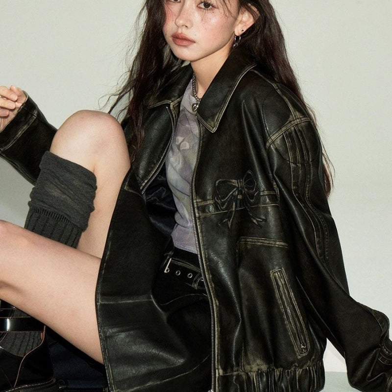 Women’s Bow Biker Leather Jacket – Chic, Edgy & Feminine