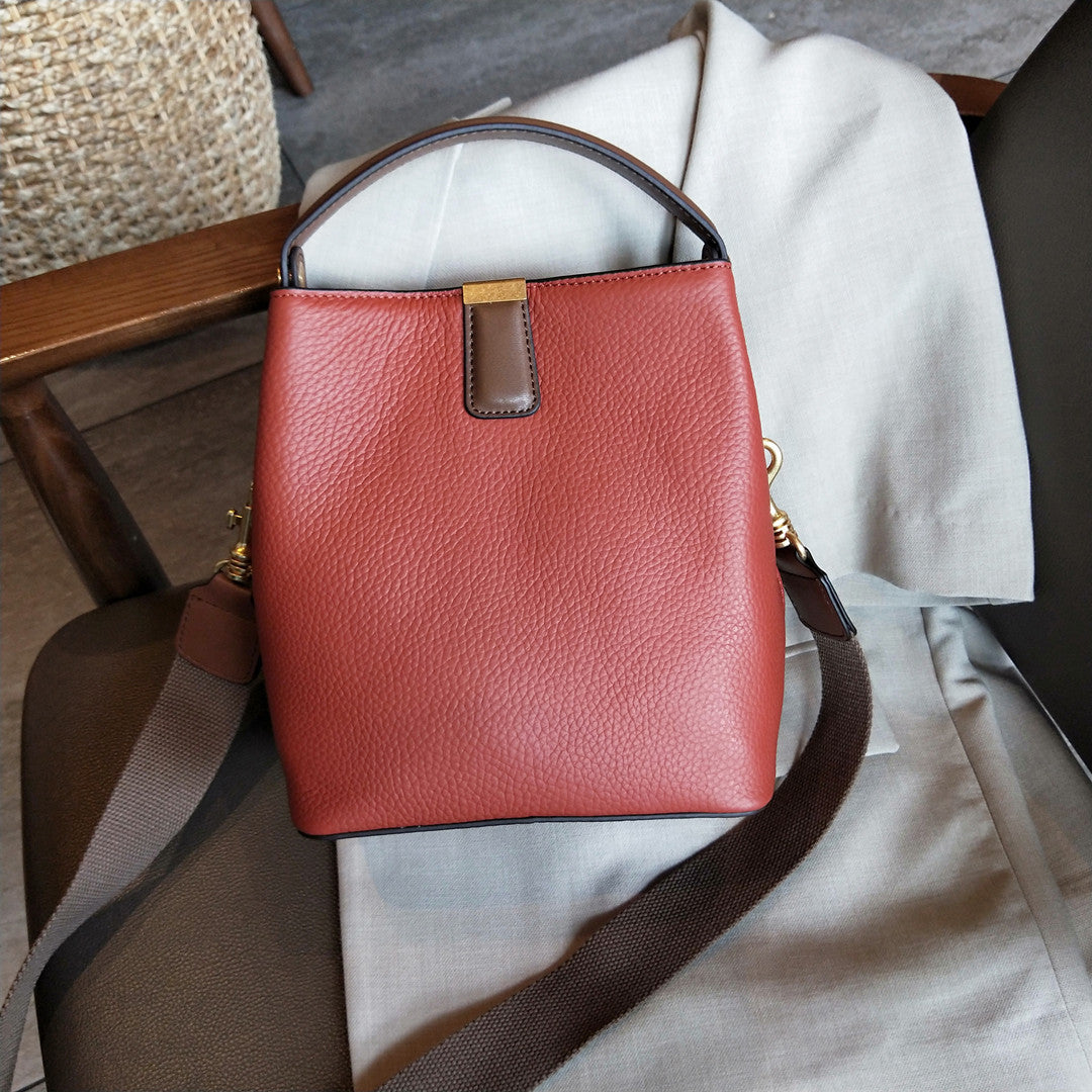 First-Layer Cowhide Leather Bucket Bag – Stylish & Functional Handbag