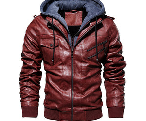 Men's Leather Jacket Men's PU Leather Hooded Leather Jacket