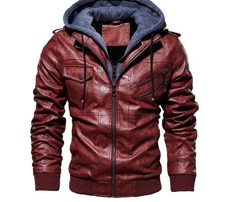 Men's Leather Jacket Men's PU Leather Hooded Leather Jacket