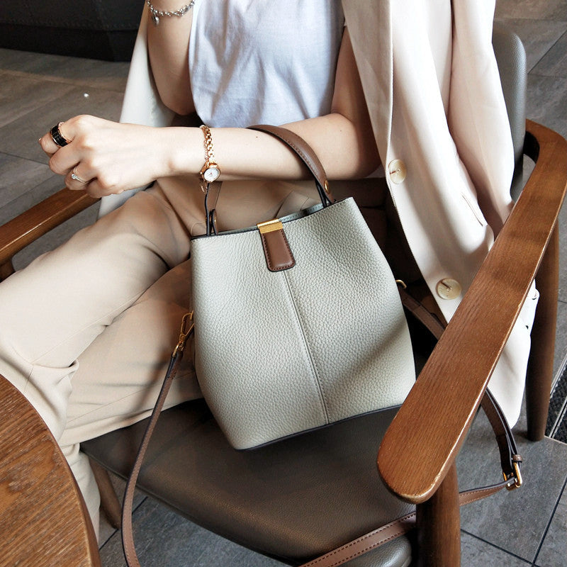 First-Layer Cowhide Leather Bucket Bag – Stylish & Functional Handbag