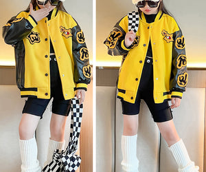 Girls Motorcycle Suit Western Style Stitching Leather Sleeve Jacket
