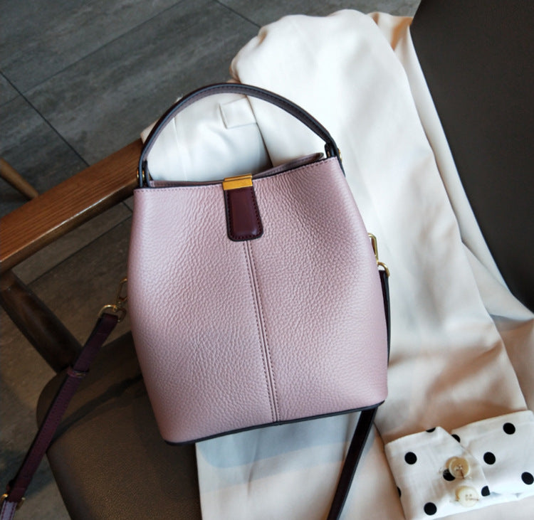 First-Layer Cowhide Leather Bucket Bag – Stylish & Functional Handbag