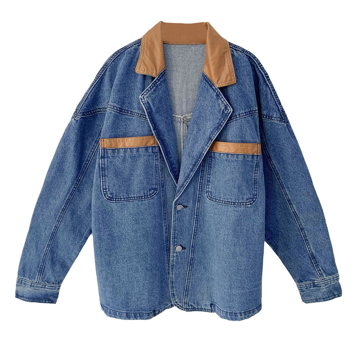 Women’s Loose PU Leather & Denim Jacket – Stylish & Comfortable