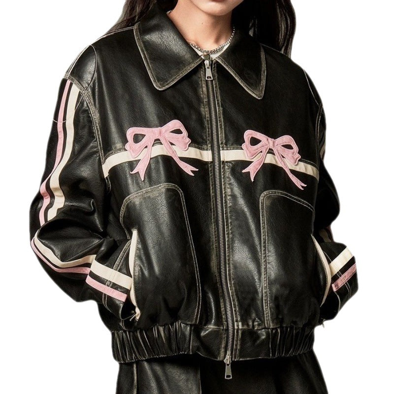 Women’s Bow Biker Leather Jacket – Chic, Edgy & Feminine