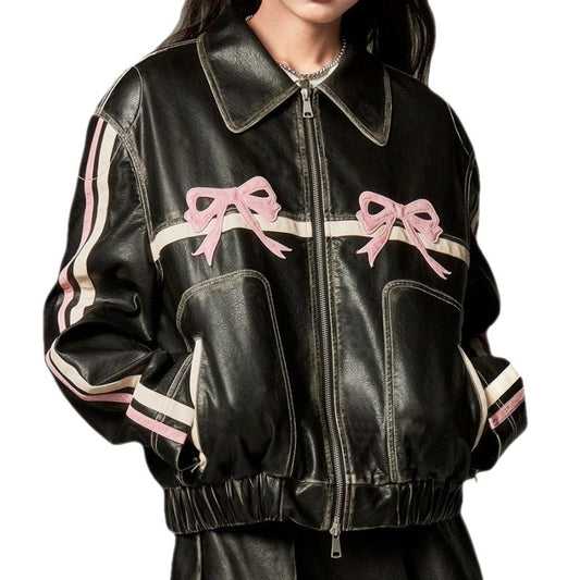 Women’s Bow Biker Leather Jacket – Chic, Edgy & Feminine