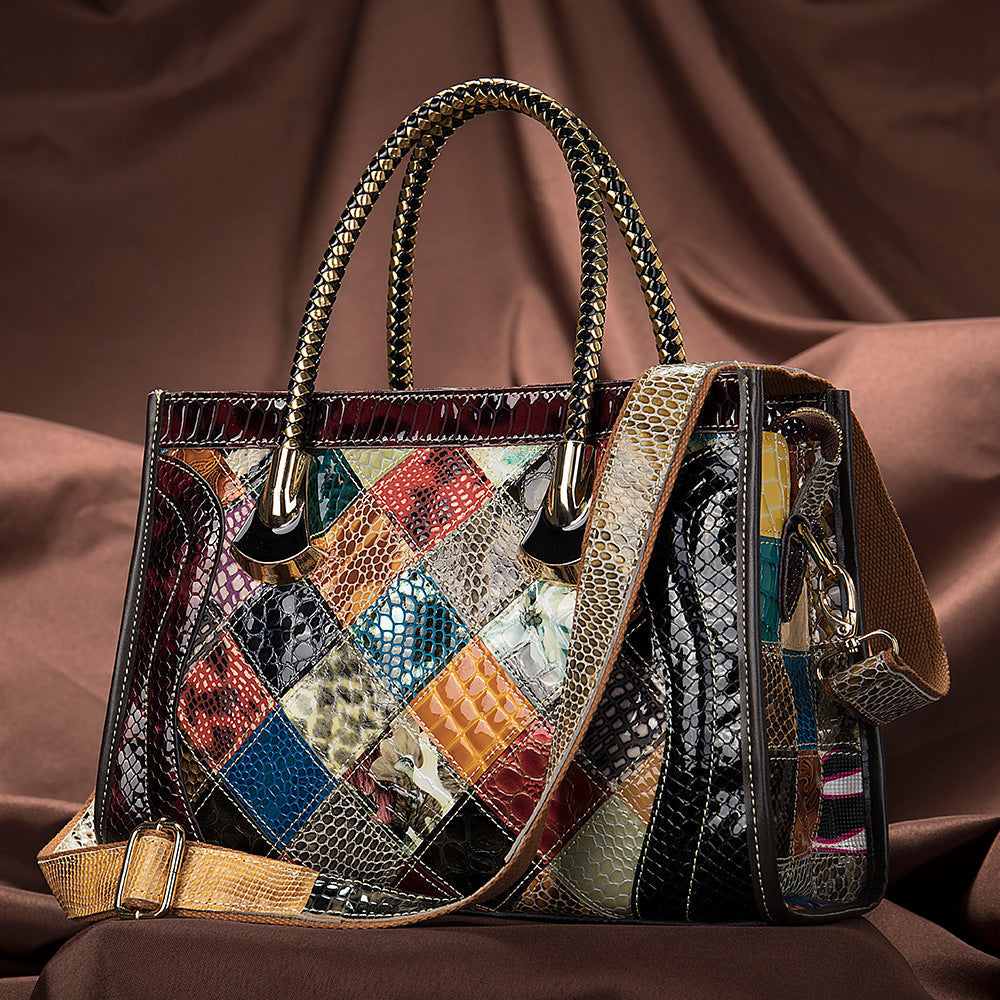 Contrast Leather Cowhide & Patent Leather Bag – Fashion Retro Handbag