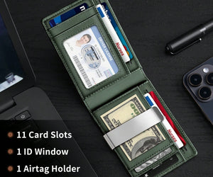 Airtag Wallet Men, Minimalist Front Pocket Wallets With Aritag Holder, Genuine Leather Bifold Slim Wallet, RFID Blocking Wallet For Men Up To 11cards -Air Tag Not Included