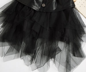 Children's Big Kids Net Gauze Girl Pu Leather Skirt