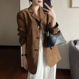 Women’s Retro Brown Leather Suit Jacket – Elegant, Timeless & Sophisticated